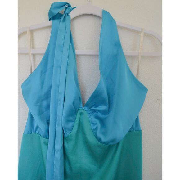 The Wolf Gang Oahu Slip Maxi Dress Blue Aquamarine Halter Neck Tie Silky Satin - Picture 3 of 6